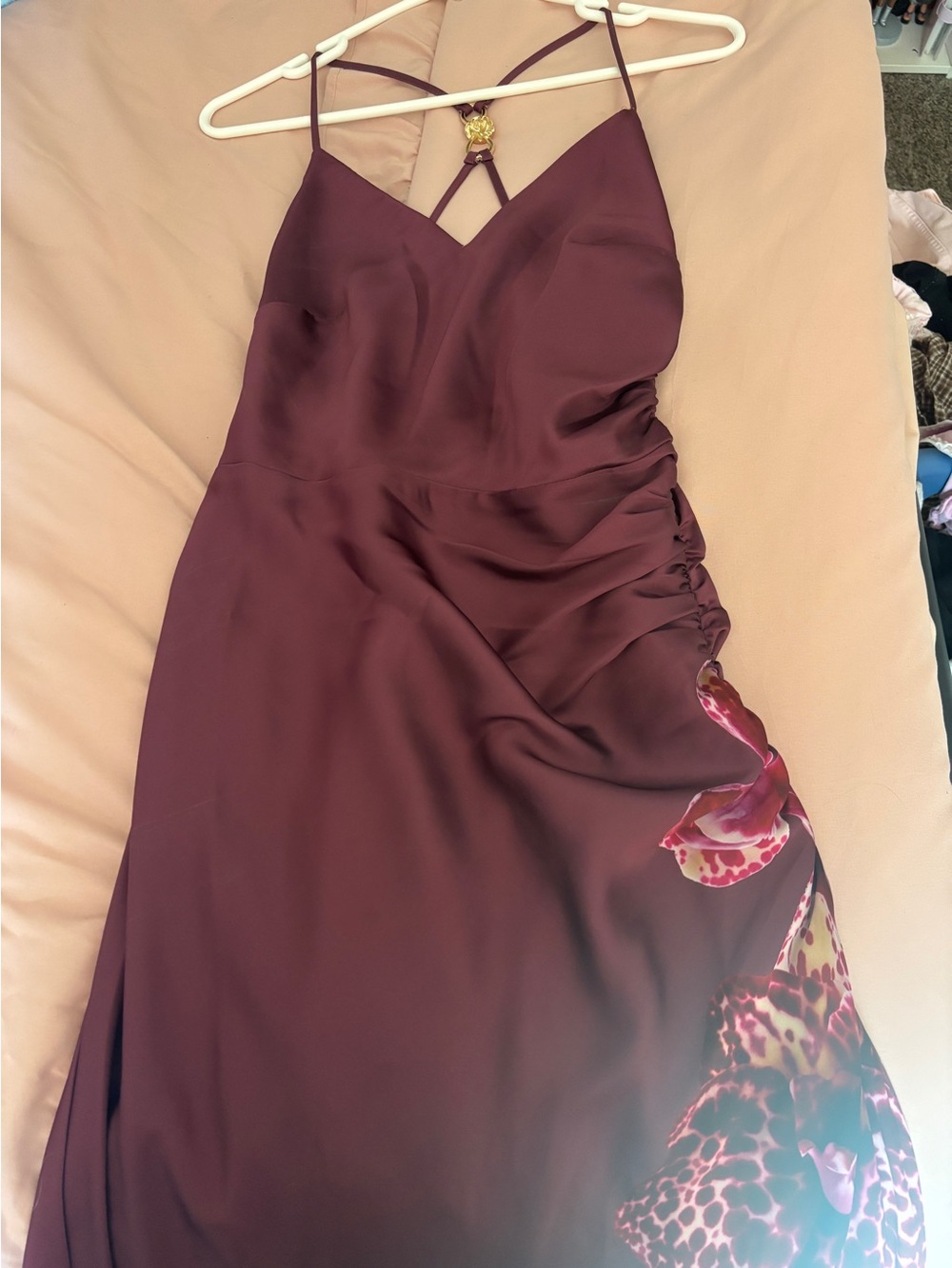 Women's Burgundy Satin Slip Dress with Floral Accent